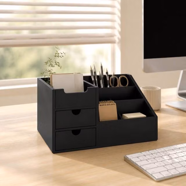 STILVORA Black Bamboo Desk Organiser with 7 Compartments and 2 Drawers – 1