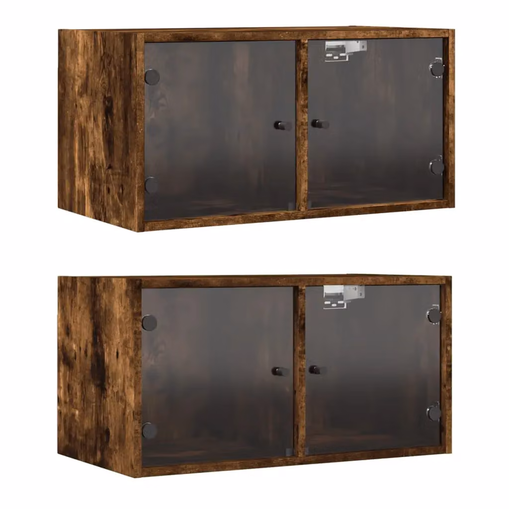 Berkfield Home Wall Mounted Cabinets with Glass Doors, 2 Piece Set, Smoked Oak Brown, W: 68.5 cm, D: 37 cm, H: 35 cm – 2