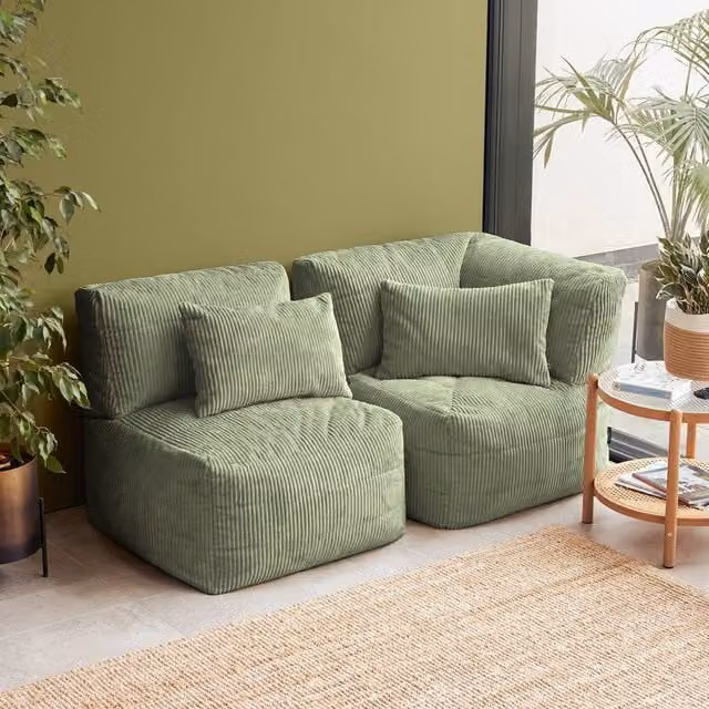 icon Noa 2-Piece Bean Bag Set in Green, Including 1x Corner and 1x Recliner in Jumbo Cord Fabric