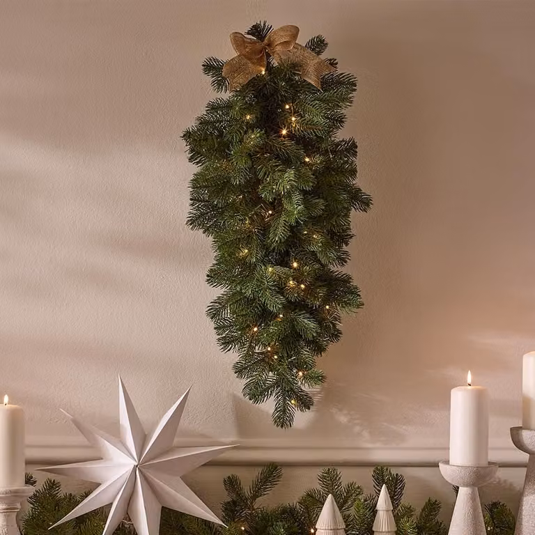 Noma Highgrove Spruce Teardrop Pre Lit Wreath with Warm White LED Lights, Green, 35 cm Width