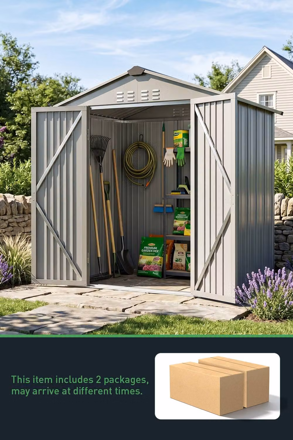 Living and Home Grey Apex Metal Garden Storage Shed with Double Doors – 2