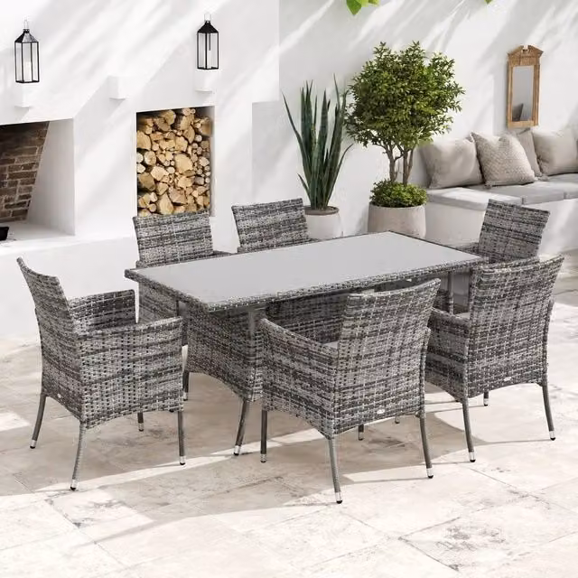 STILVORA 6-Seater Modern Garden Dining Set with Grey Rattan and Metal Frame