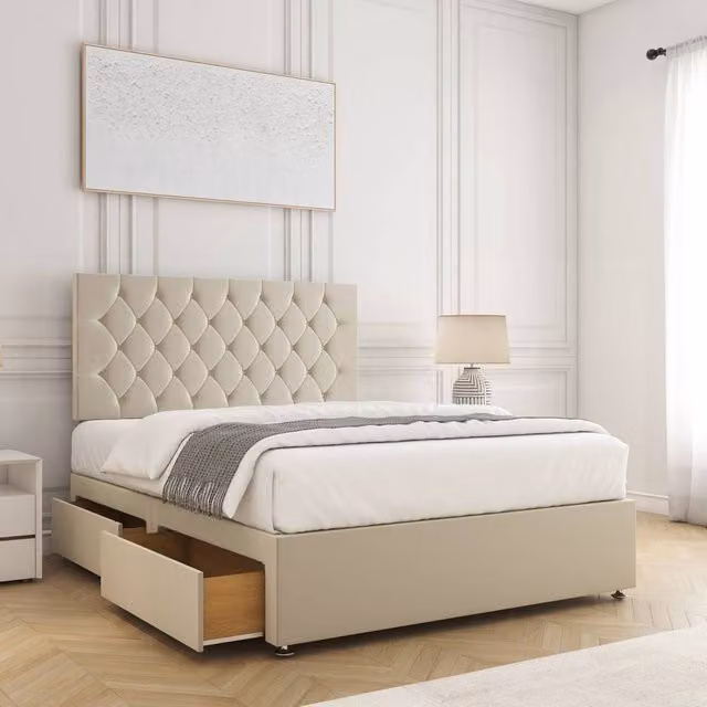 BSSPOKE Mia Plush Velvet Small Double Divan Bed Set with 24 inch Headboard, 2 Drawers, Footend and Mattress in Cream