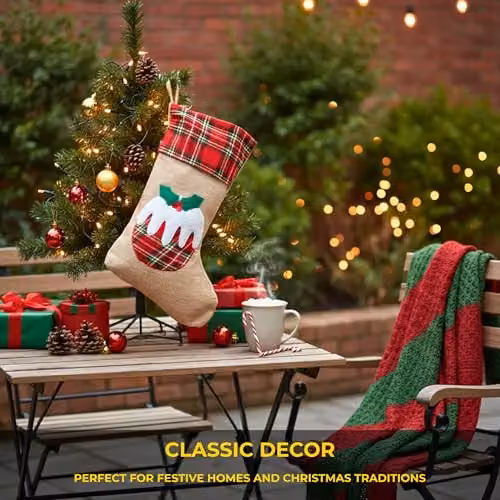 Shatchi Large Christmas Pudding Xmas Stocking in Brown Burlap Hessian Linen, W/H: 26 x 45 cm – 6