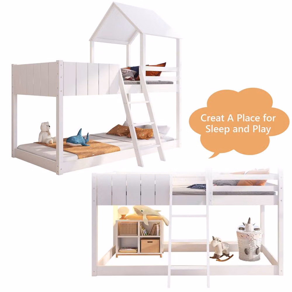 Merax White Wooden House Mid Sleeper Bunk Bed with Canopy and Ladder for Children, W/D/H: 90 x 190 x 196 cm – 2