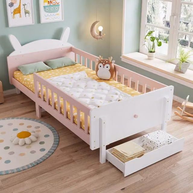 Merax Bunny Ears Childrens Wooden Bed Frame with Drawer, White and Pink, W/D/H: 90 x 190 cm