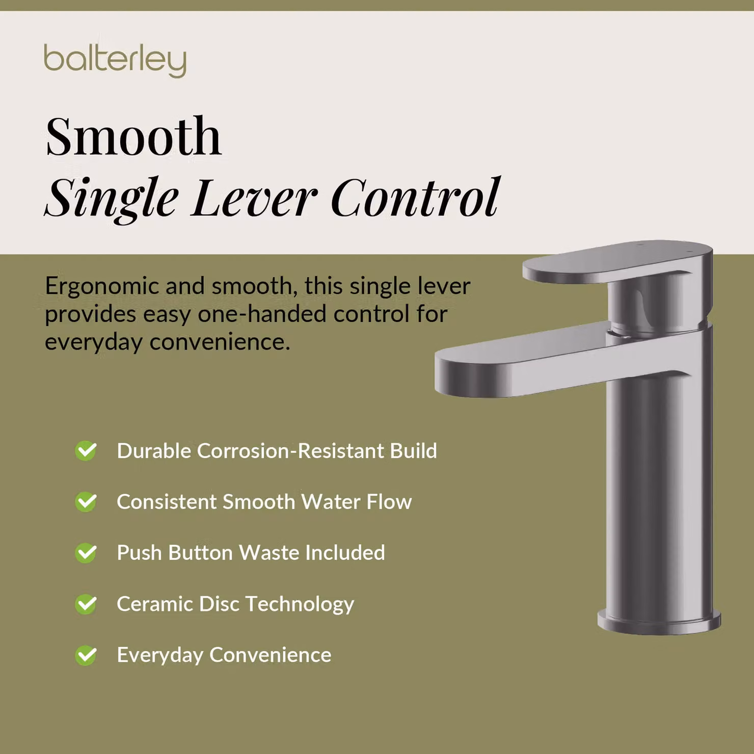 Balterley Current Round Mono Basin Mixer Tap with Push Button Waste in Brushed Pewter Silver – 3