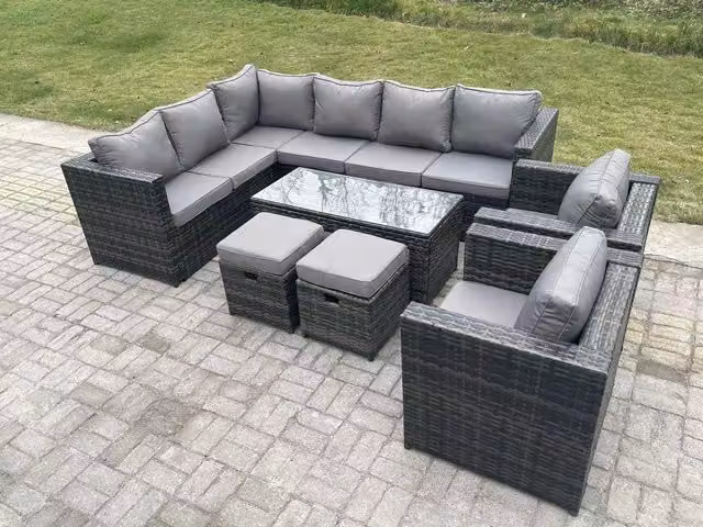 Fimous 10 Seater Rattan Corner Sofa Set with Rectangular Coffee Table and 2 Stools, Left Hand, Dark Grey