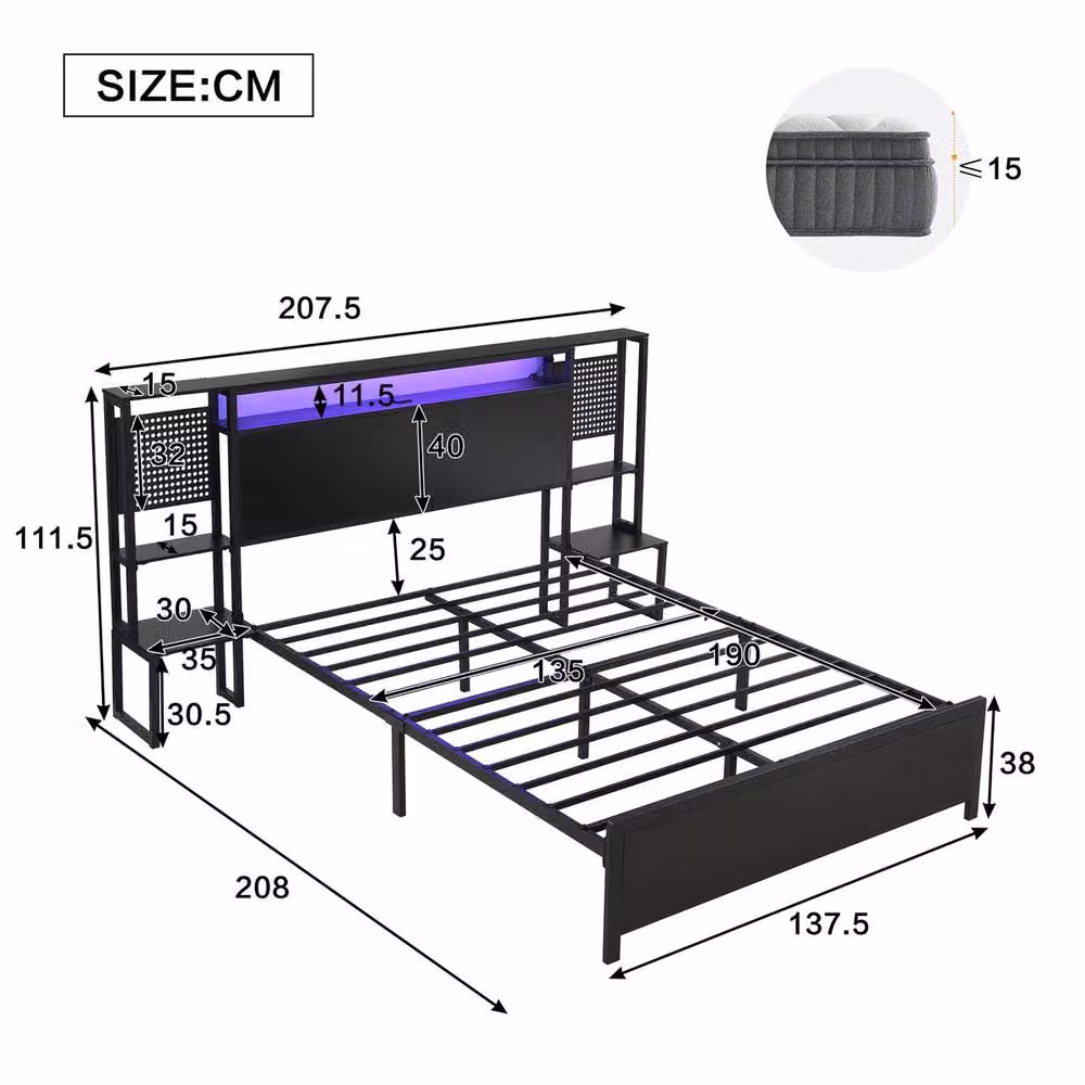 Rolipo Metal and Wood Bed in Black with LED Under-bed Lighting, USB Charging Ports and Side Shelves, W: 135 cm, L: 190 cm – 2