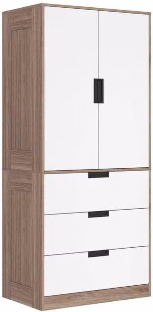PAWNORA Modern White Wardrobe Closet with 2 Hinged Soft-Close Doors, 3 Integrated Drawers and Hanging Rod – 1