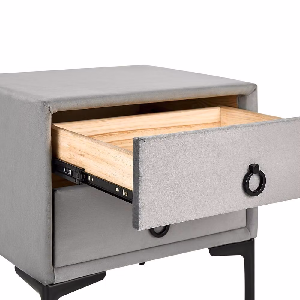 Wyld and Coco Grey Velvet Bedside Table with 2 Drawers and Black Metal Legs W: 44 cm, D: 38 cm, H: 45 cm – 4