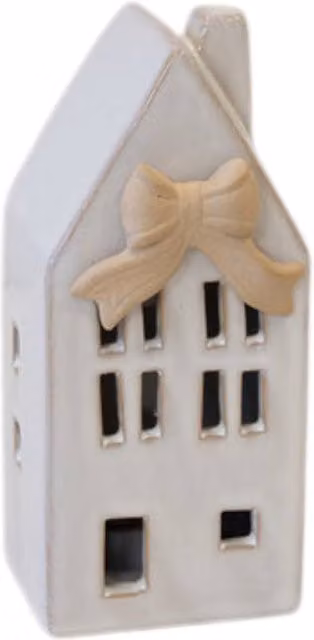 Four Candle Small White Ceramic LED House with Bow Details for Christmas Tabletop Decoration