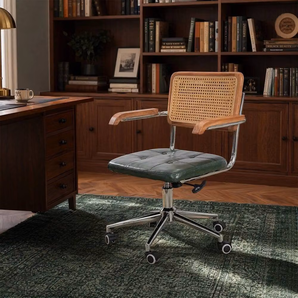 KORVIXA Modern Walnut Cane Backrest Office Task Chair with Armrests in Green and Multicolour – 2