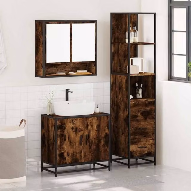 Berkfield Home 3 Piece Industrial Bathroom Furniture Set in Smoked Oak and Brown – 1