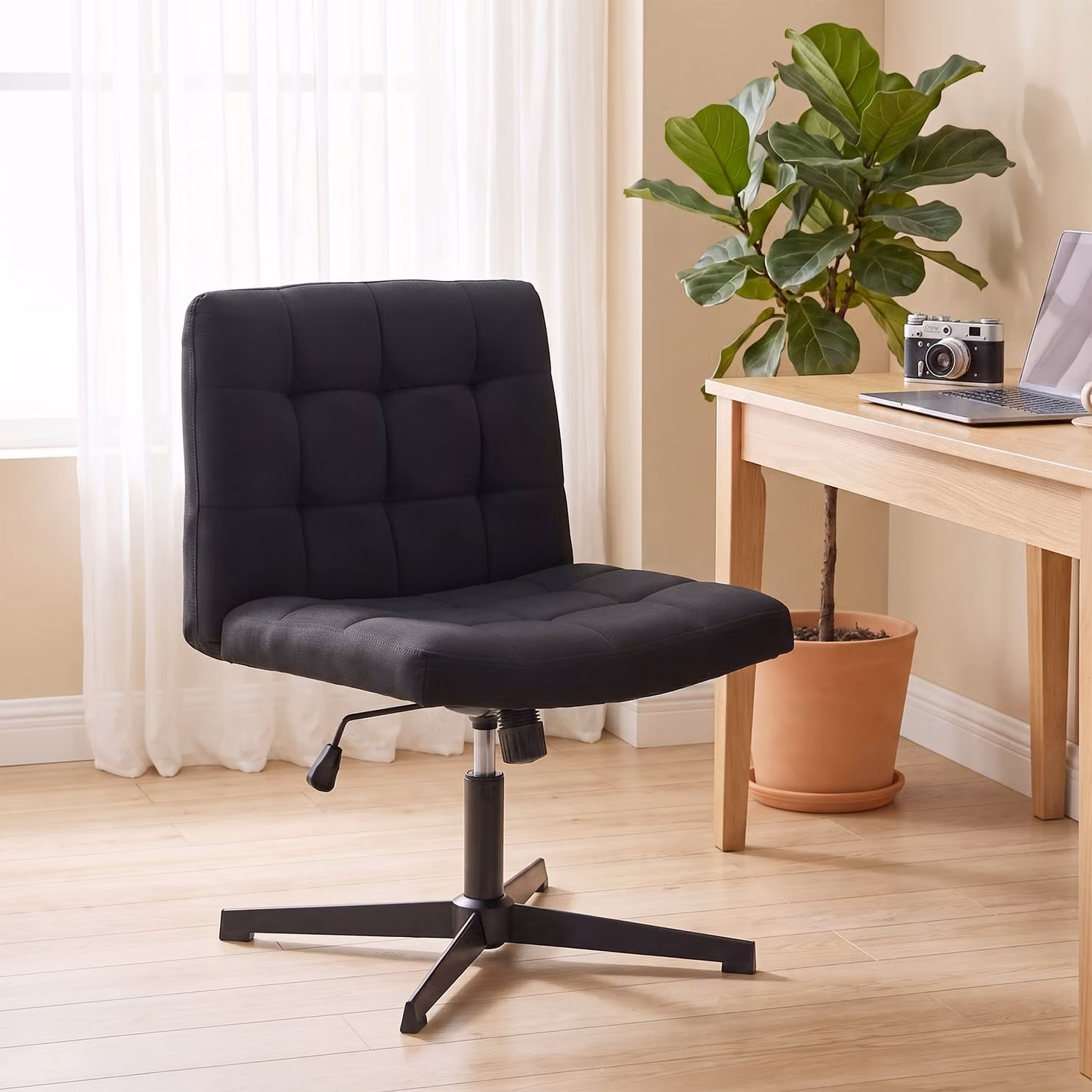HOMCOM Armless Black Linen Office Chair with Rocking Function and Wide Seat – 2