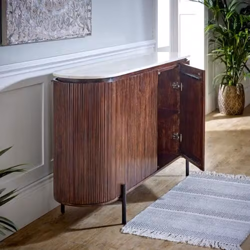 Adorable Lifestyle Opal Sideboard with Marble Top and Metal Legs, Brown, W: 160 cm, D: 40 cm, H: 90 cm
