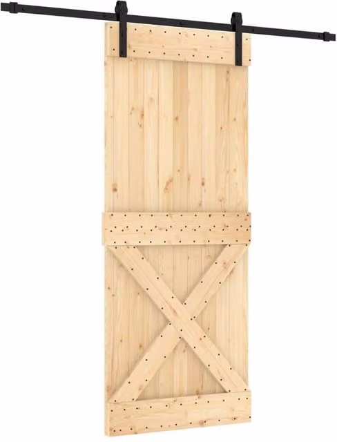 Berkfield Home Rustic Solid Wood Pine Sliding Door with Hardware Set in Tan, W: 85 cm, H: 210 cm