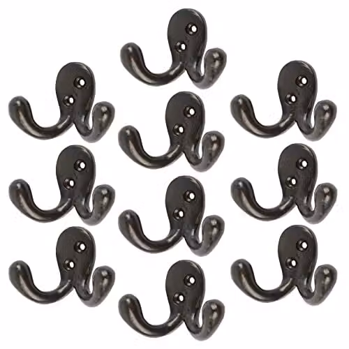 Hammer and Tongs Matt Black Powder-Coated Iron Double Coat Hook, Pack of 10, W: 7.0 cm, H: 5.0 cm – 2