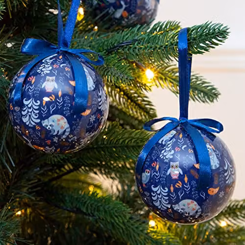 The Christmas Workshop Set of 14 Navy Blue Festive Animal, Flower and Bird Christmas Baubles, Diameter: 7.5 cm – 7