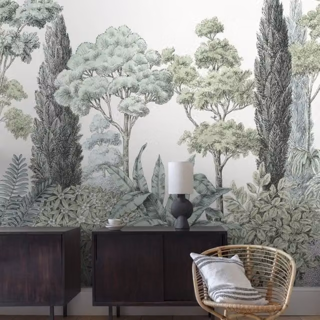 Grandeco Zarautz Botanical Trees 7 Lane Textured Mural, Green, W: 280 cm, H: 371 cm