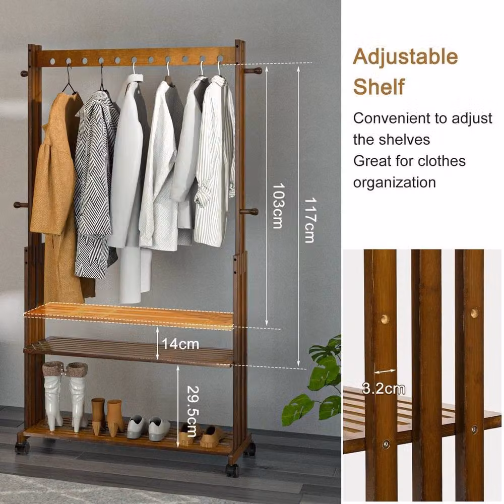 KORVIXA Rustic Brown Solid Wood Clothes Rail with Dual Hook and Rail Matrix – 3