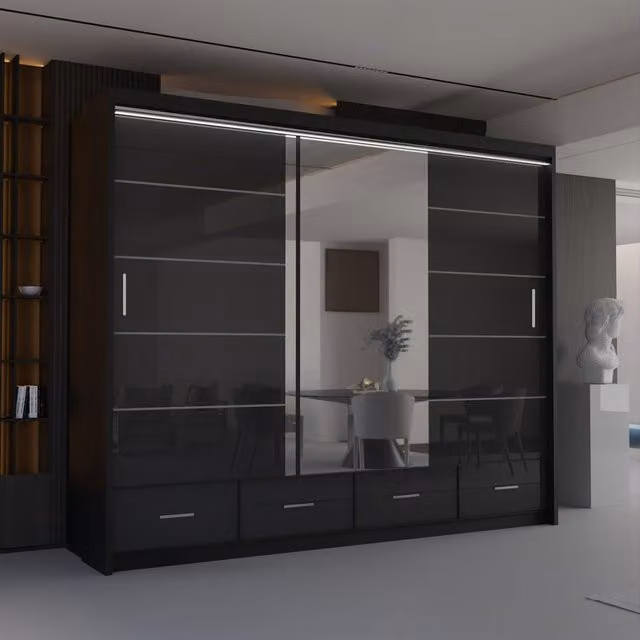 Sliding Wardrobes 4U Luxury High Gloss Sliding Wardrobe with Integrated LED Light, Black, W: 255 cm, H: 220 cm – 1