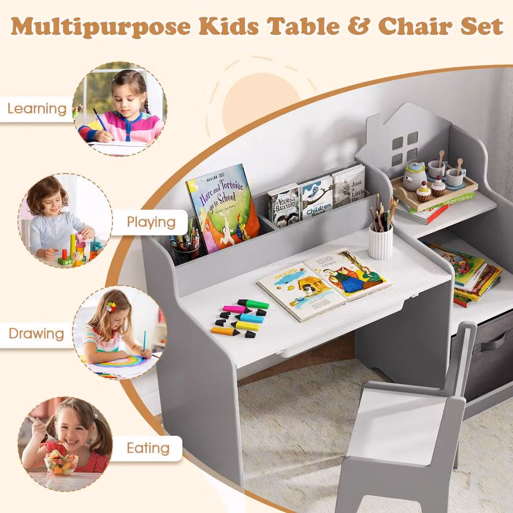 Costway Kids Study Desk and Chair Set with Shelves in Grey Wood – 5