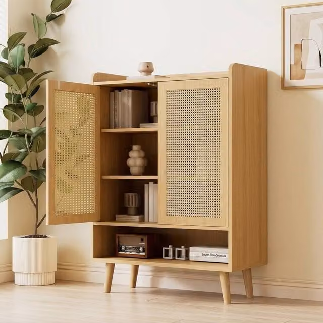 STILVORA 5-Tier Freestanding Shoe Cabinet with Rattan Hinged Doors in Light Oak