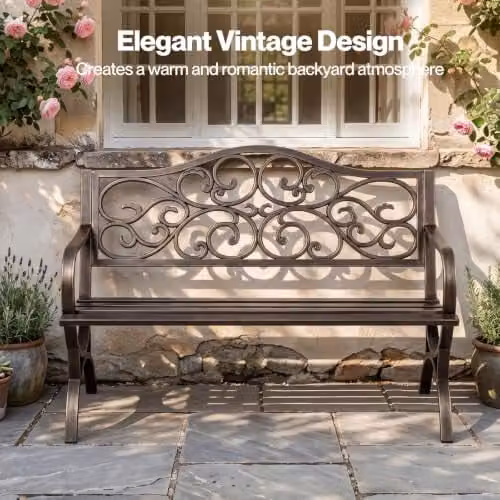 Levede Bronze Floral Pattern Metal Garden Bench – 3