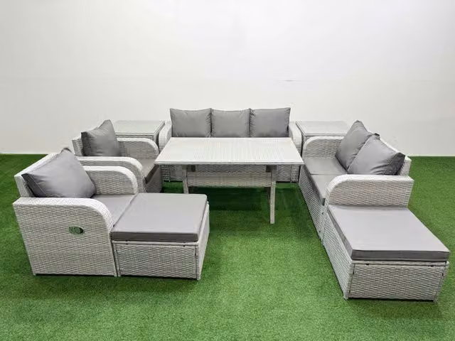Fimous Grey PE Rattan Garden Furniture Set with Reclining Chairs, Double Love Seat, Rectangular Dining Table, 2 Footstools and 2 Side Tables