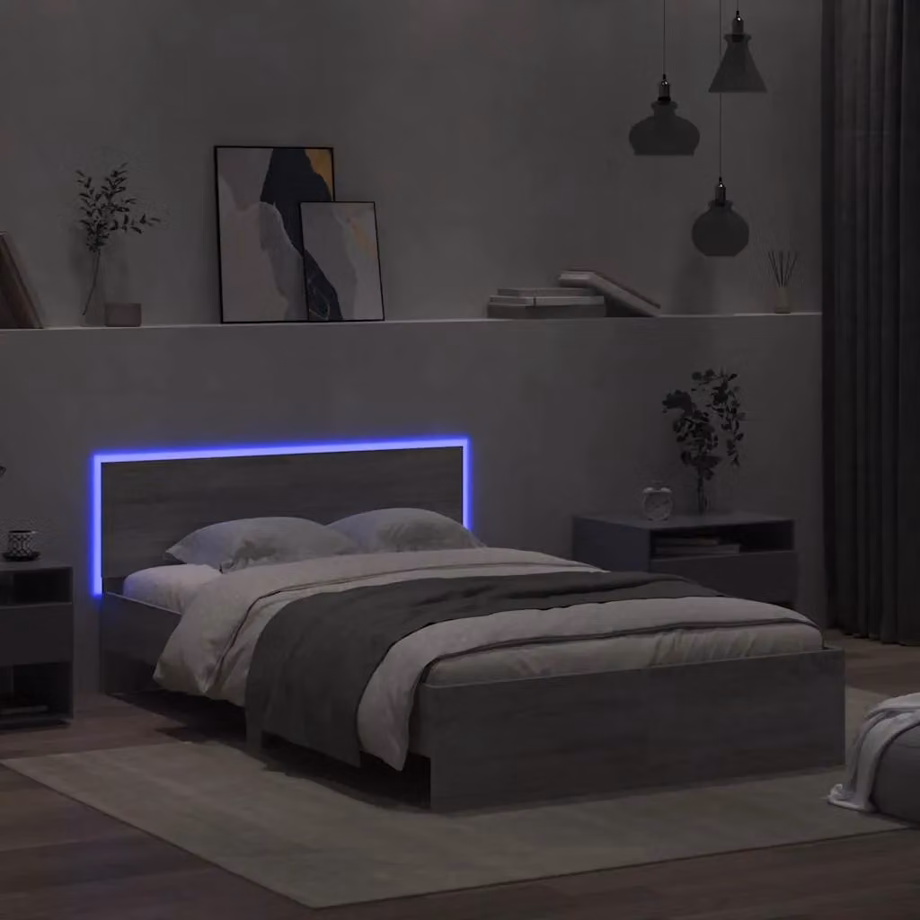 Berkfield Home Modern Bed Frame with Headboard, LED Under-Bed Lighting and USB Charging Port, Grey Sonoma, W: 140 cm, L: 190 cm – 2
