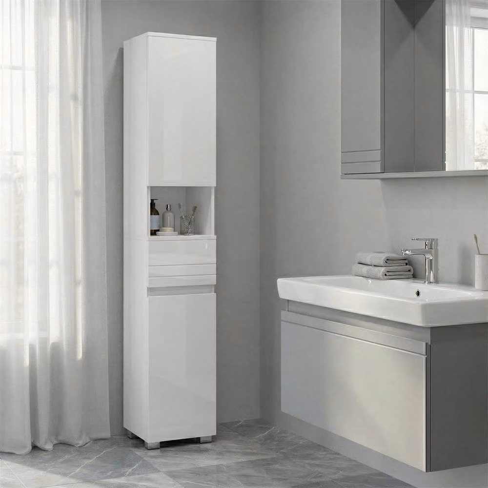KORVIXA White Glossy Slim Freestanding Bathroom Cabinet with Hinged Doors and Open Shelf, W: 70 cm, H: 75 cm – 2