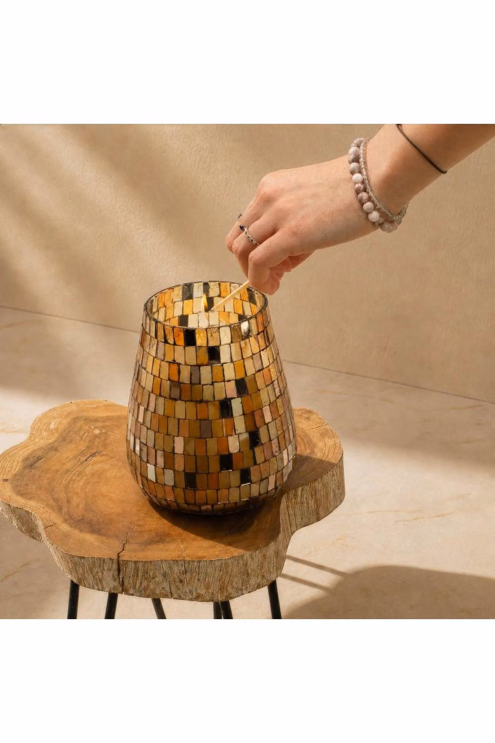 KDMD Tall Amber Mosaic Glass Votive Jar Candle in Bronze and Multicolour – 2
