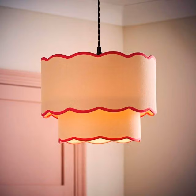 ValueLights Sloane 35cm Two-Tier Scallop Edge Colour Clash Fabric Ceiling Lamp Shade in Pink, Green and Grey – 1