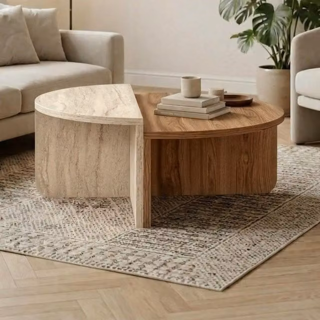 Decortie Aloeva Two Piece Half Round Coffee Table Set in Whiskey Oak and Travertine Beige