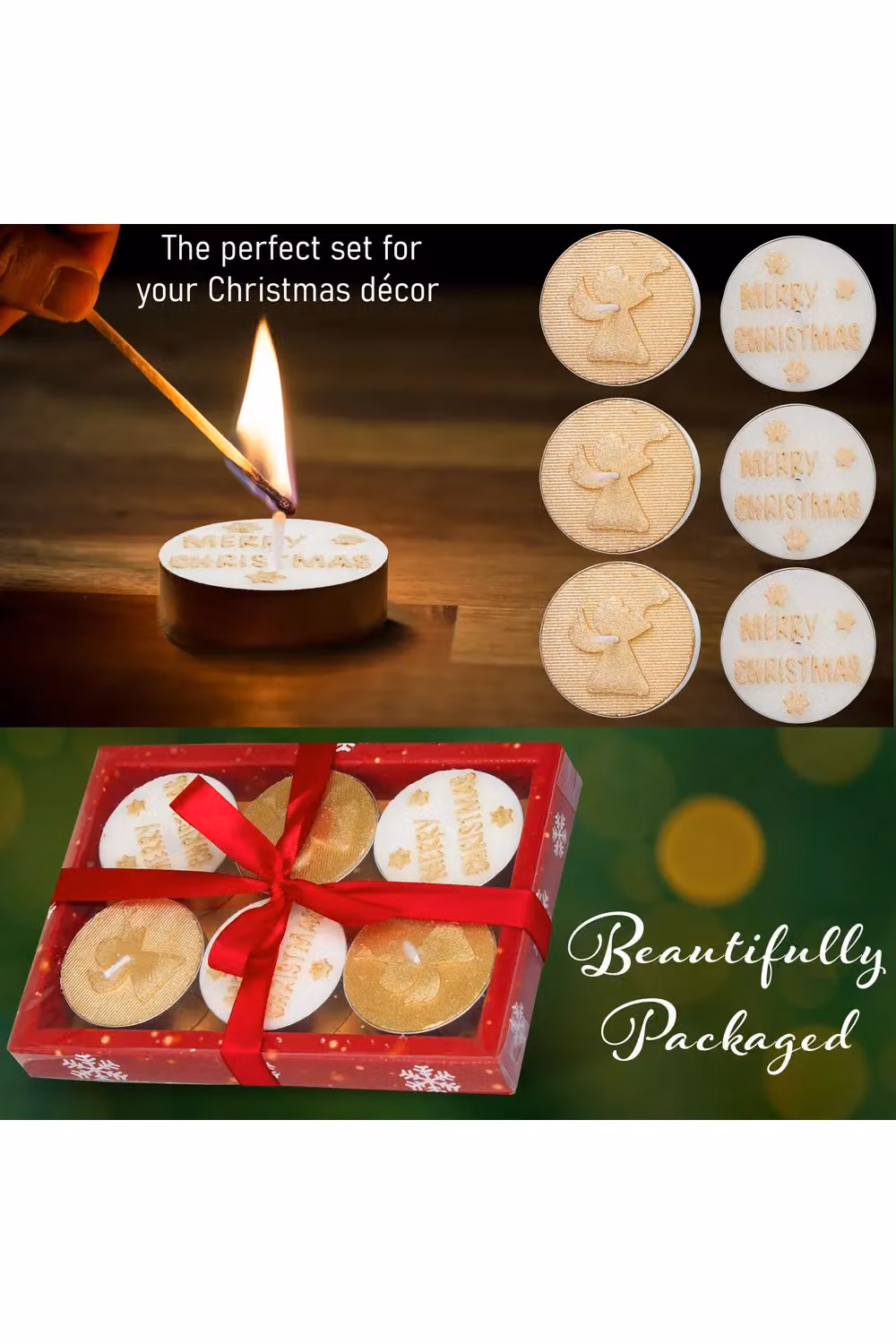 Deco Express Unscented Christmas Tealight Candle Set, 6 Pack, White and Gold – 7