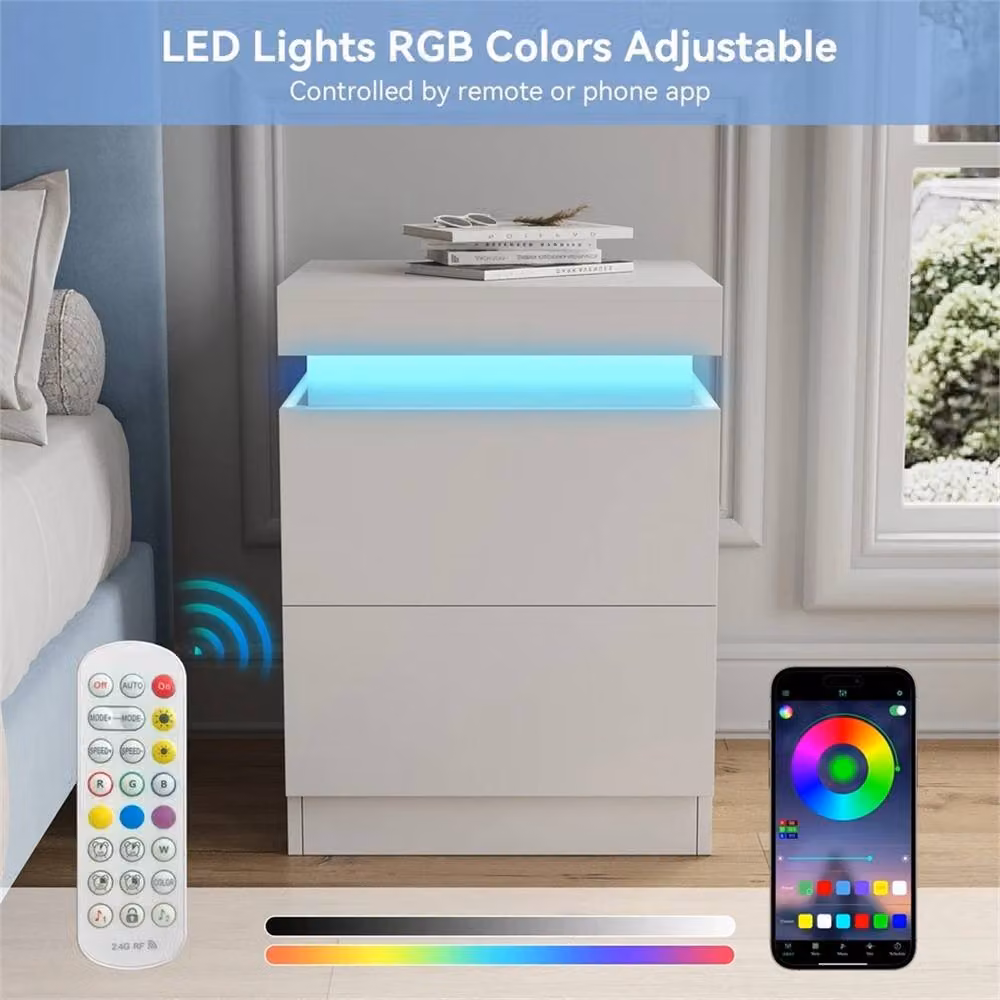 Nordara White 2 Drawer Bedside Table with Integrated LED Lighting and Charging Station – 3