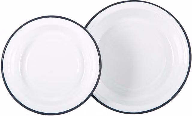 Argon Tableware Set of 2 White Enamel Deep Bowls with Navy Blue Stainless Steel Accents