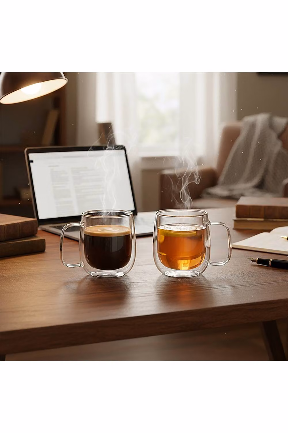 Living and Home 2-Pack Double Walled Borosilicate Glass Coffee Cups with Handle, Clear, 300 ml – 3