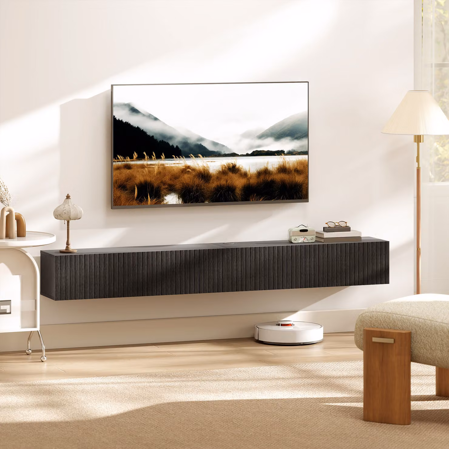 HOMCOM Modern Black Matt Floating TV Stand, Wall Mount TV Unit with Cable Management, Fits up to 72 inch TVs, Width: 180 cm – 2