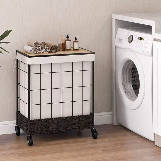 Costway 2 Section Handwoven Rattan Laundry Hamper with Lid and Wheels, 110L, Black – 1