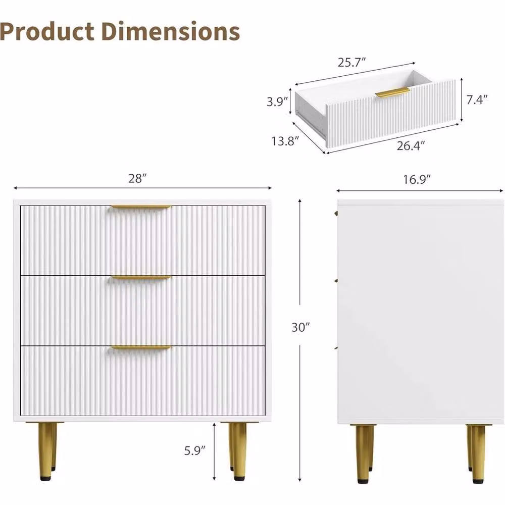 KORVIXA Art Deco Fluted 3 Drawer Wooden Chest of Drawers in White and Gold – 2