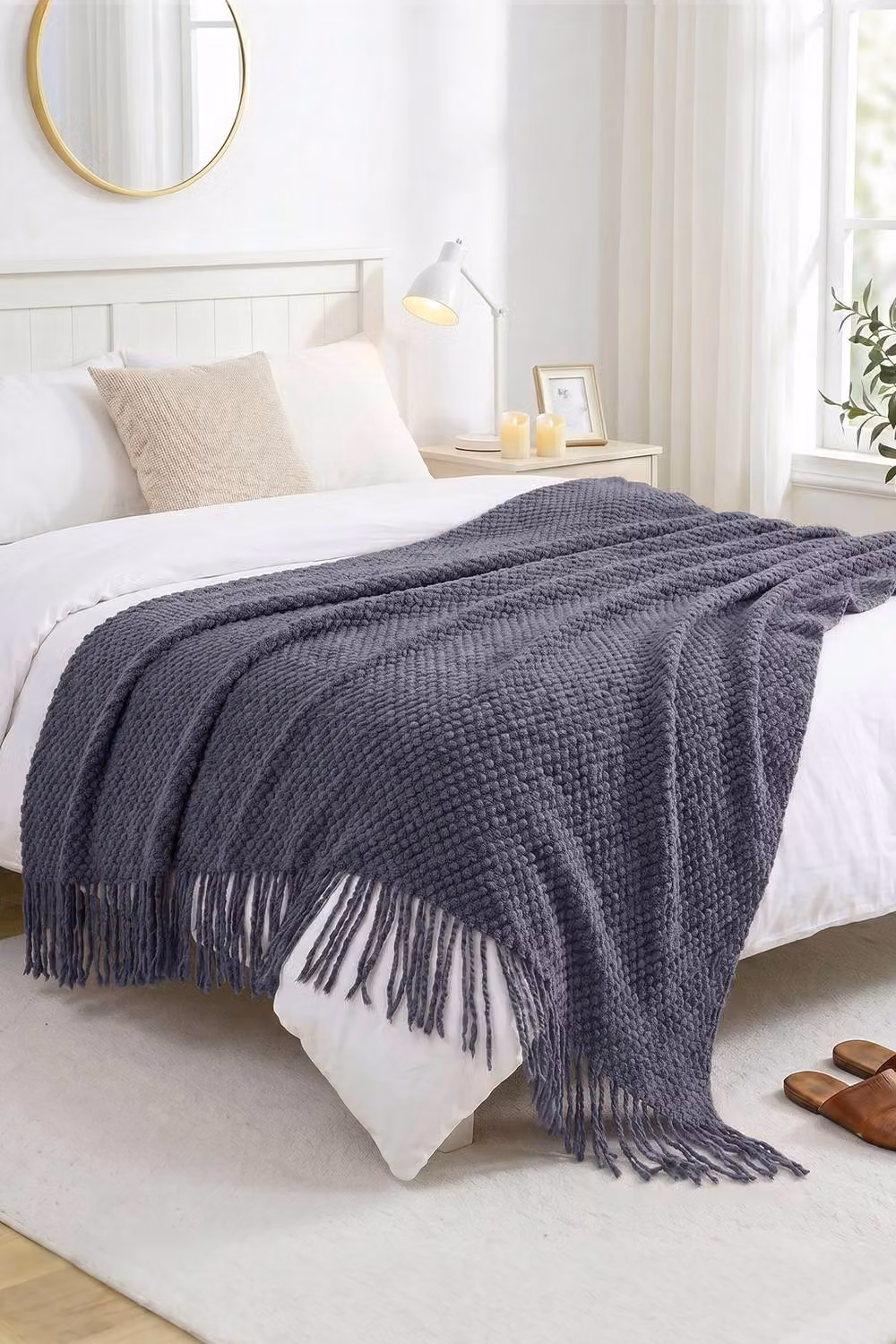 Living and Home Grey Knitted Fringed Throw, W/D/H: 130 x 170 cm – 3