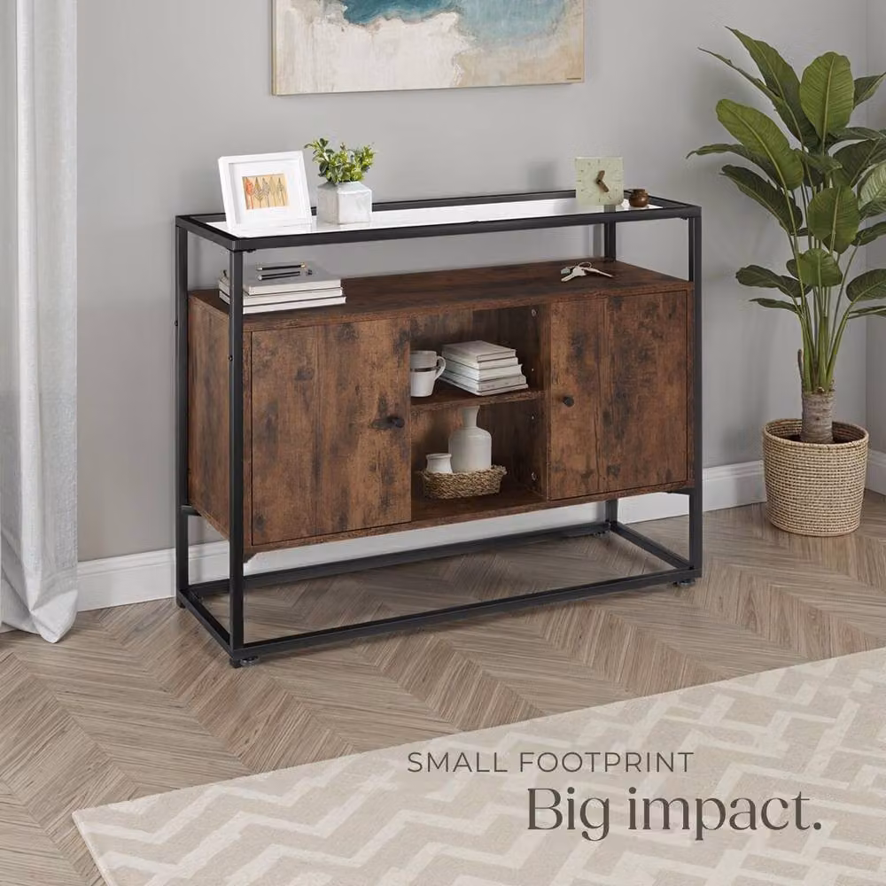 tectake Oldham Industrial Sideboard with Glass Top and Open Shelves in Brown and Black – 8