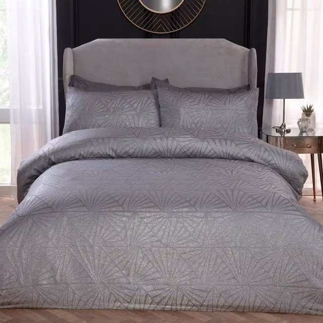 Smart Living Lurex Jacquard Geometric Art Deco Duvet Cover and Pillowcases in Sand, 200 x 200 cm