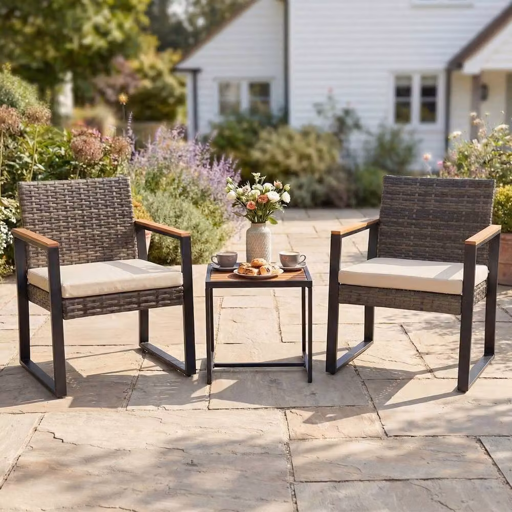 Hinsinc 3 Piece Brown PE Wicker and Metal Outdoor Patio Bistro Set – 4