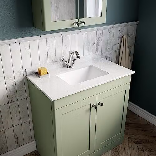 nuie Classique Traditional Bathroom Floor Standing 2 Door Unit with Marble Worktop and Square Basin, Satin Green and White, W: 800 mm – 2