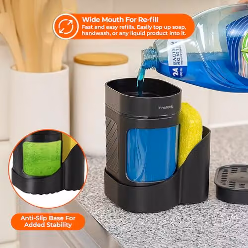 Innoteck 3-in-1 Kitchen Sink Organiser with Dual Soap Dispenser and Sponge Holder, Black – 4