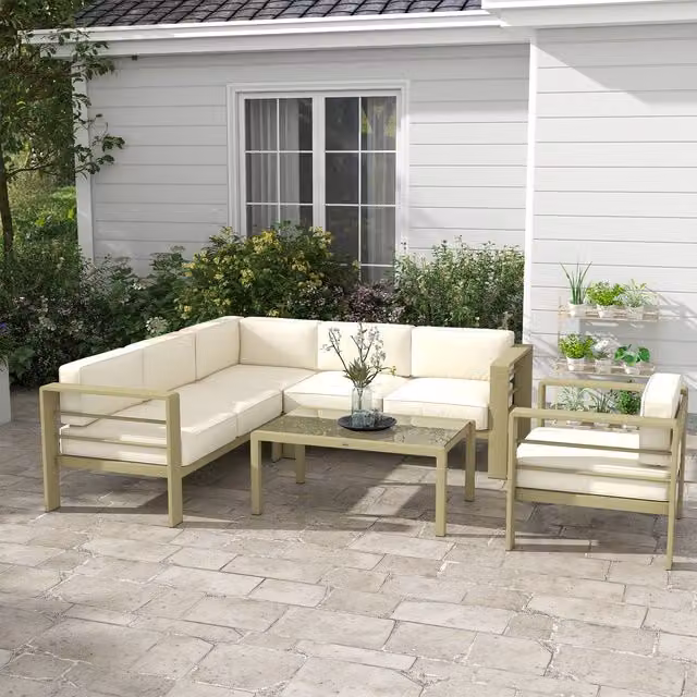 Outsunny 5 Piece Cushioned Garden Sofa Set with Aluminium Frame in Gold, White and Beige
