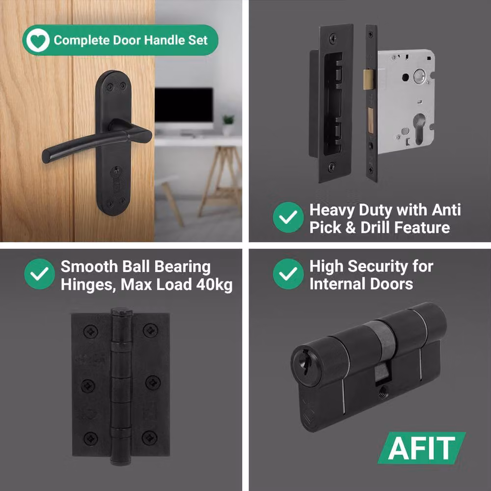 AFIT Matt Black Door Handle with Euro Lock, Double Cylinder and Hinges, W/D/H: 15.0 x 15.0 x 15.0 cm – 4